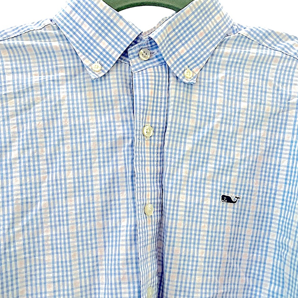 Vineyard Vines Whale Shirt 100% Cotton‎ Pink White Blue Plaid M